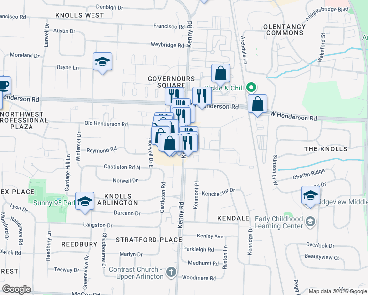 map of restaurants, bars, coffee shops, grocery stores, and more near Kenny Rd & Folkestone Rd in Columbus