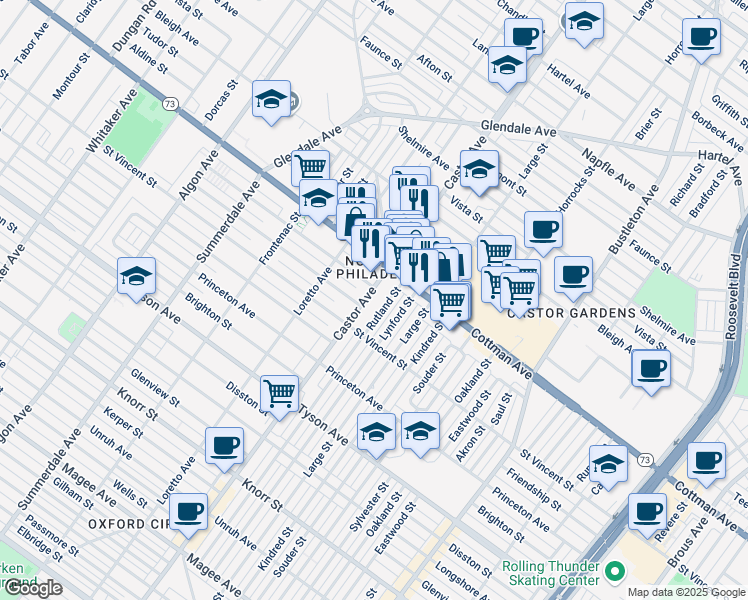 map of restaurants, bars, coffee shops, grocery stores, and more near 7261 Rutland Street in Philadelphia