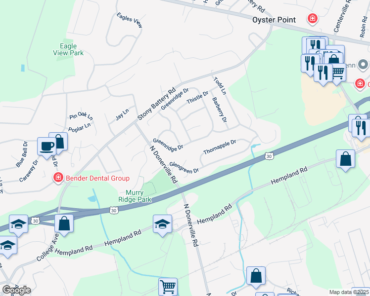 map of restaurants, bars, coffee shops, grocery stores, and more near 3200 Greenridge Drive in Lancaster
