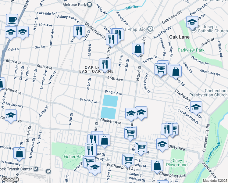 map of restaurants, bars, coffee shops, grocery stores, and more near 403 West 65th Avenue in Philadelphia
