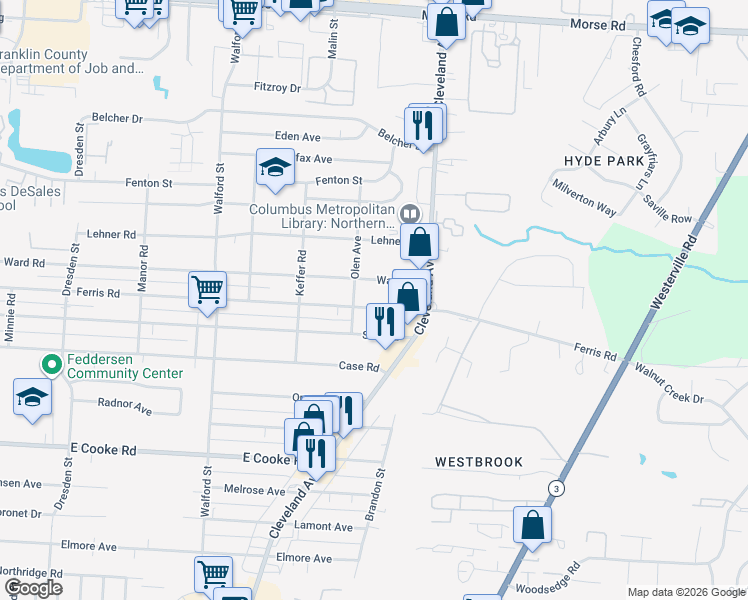 map of restaurants, bars, coffee shops, grocery stores, and more near 2248 Ferris Road in Columbus