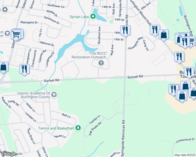 map of restaurants, bars, coffee shops, grocery stores, and more near 401 Sunset Road in Burlington