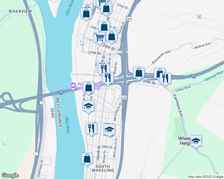 map of restaurants, bars, coffee shops, grocery stores, and more near 118 31st Street in Wheeling