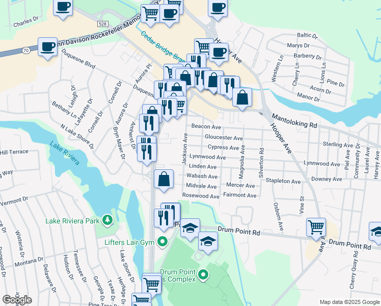 map of restaurants, bars, coffee shops, grocery stores, and more near 980 Lynnwood Avenue in Brick Township