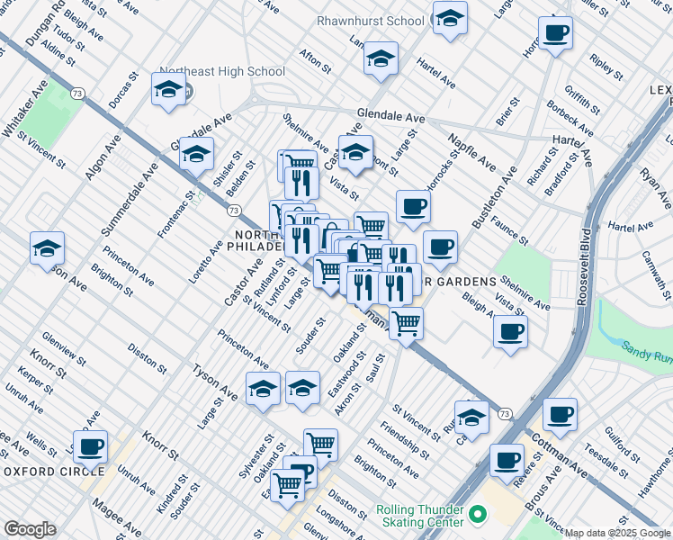map of restaurants, bars, coffee shops, grocery stores, and more near 2115 Cottman Ave in Philadelphia
