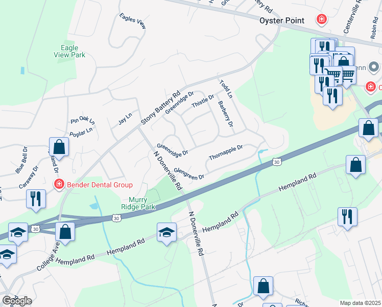 map of restaurants, bars, coffee shops, grocery stores, and more near 3200 Greenridge Drive in Lancaster