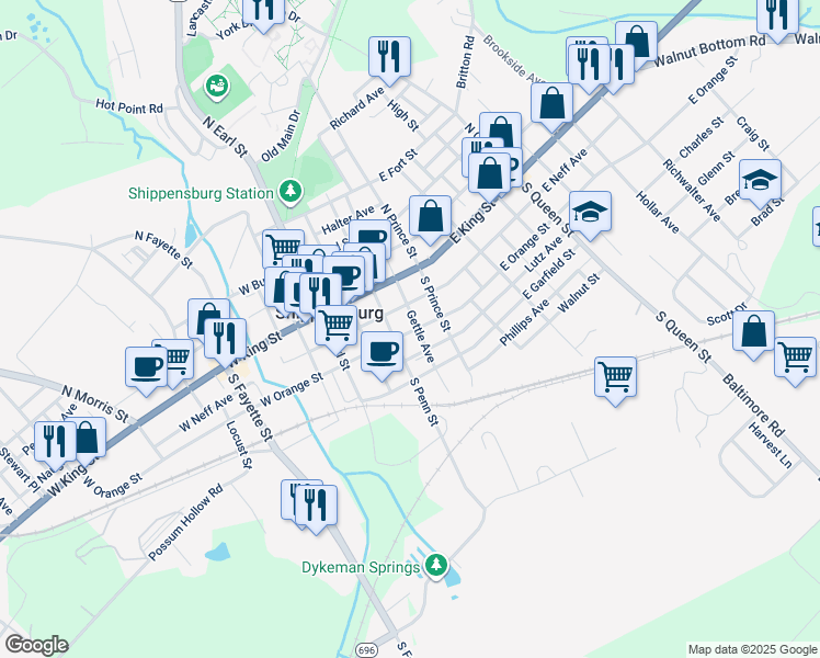 map of restaurants, bars, coffee shops, grocery stores, and more near 109 East Orange Street in Shippensburg