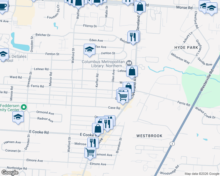 map of restaurants, bars, coffee shops, grocery stores, and more near 2202 Ferris Road in Columbus