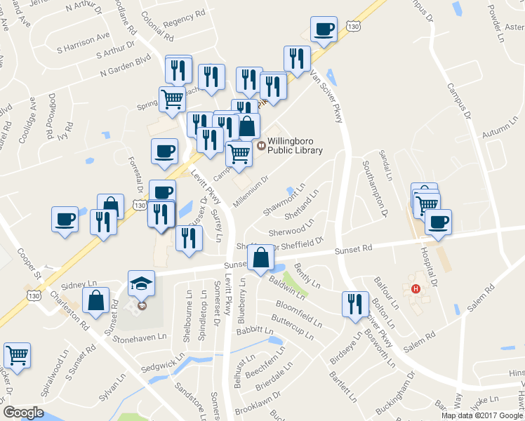 map of restaurants, bars, coffee shops, grocery stores, and more near 39 Shawmont Lane in Willingboro