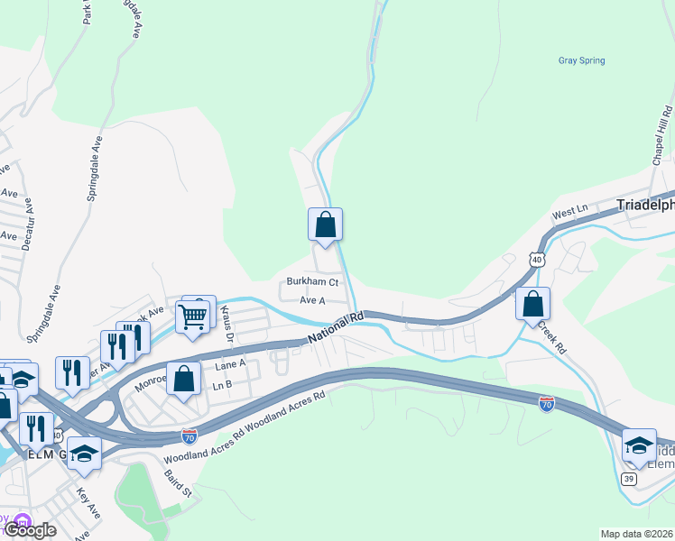 map of restaurants, bars, coffee shops, grocery stores, and more near 107 Peters Run Road in Wheeling