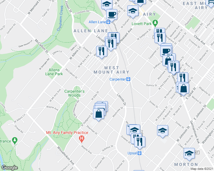 map of restaurants, bars, coffee shops, grocery stores, and more near 400 West Ellet Street in Philadelphia