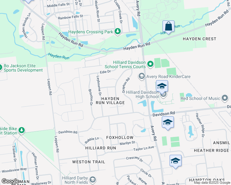 map of restaurants, bars, coffee shops, grocery stores, and more near Wallington Drive in Hilliard