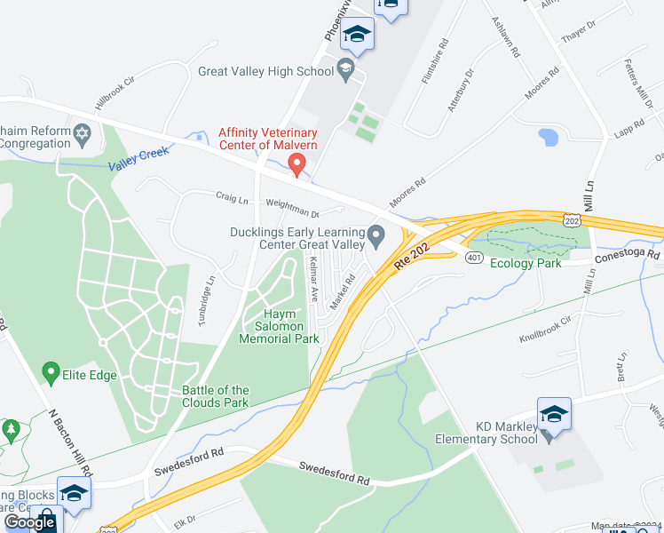 map of restaurants, bars, coffee shops, grocery stores, and more near 43 Rickmar Lane in Malvern