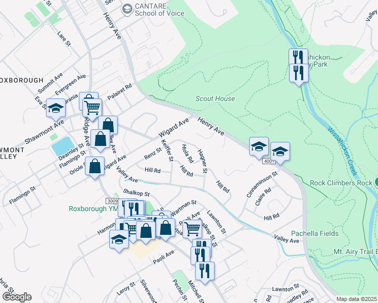 map of restaurants, bars, coffee shops, grocery stores, and more near 7331 Hiola Road in Philadelphia