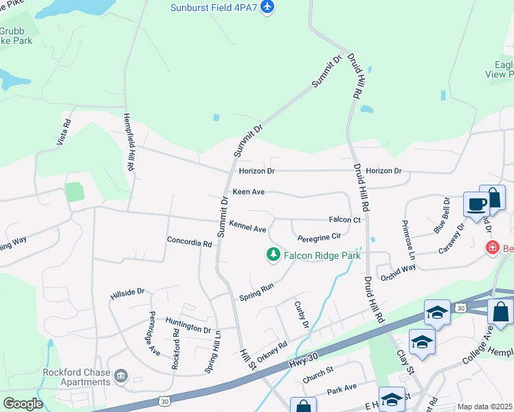 map of restaurants, bars, coffee shops, grocery stores, and more near 3643 Falcon Ct in Mountville