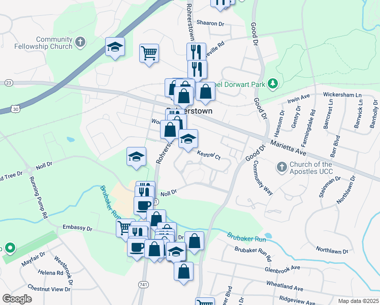 map of restaurants, bars, coffee shops, grocery stores, and more near 1956 Kestrel Court in Lancaster