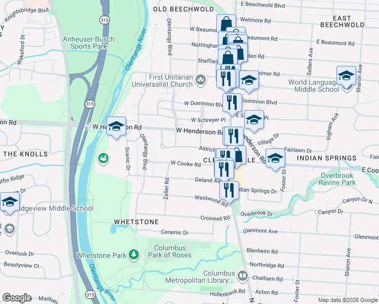 map of restaurants, bars, coffee shops, grocery stores, and more near 119 Aldrich Road in Columbus