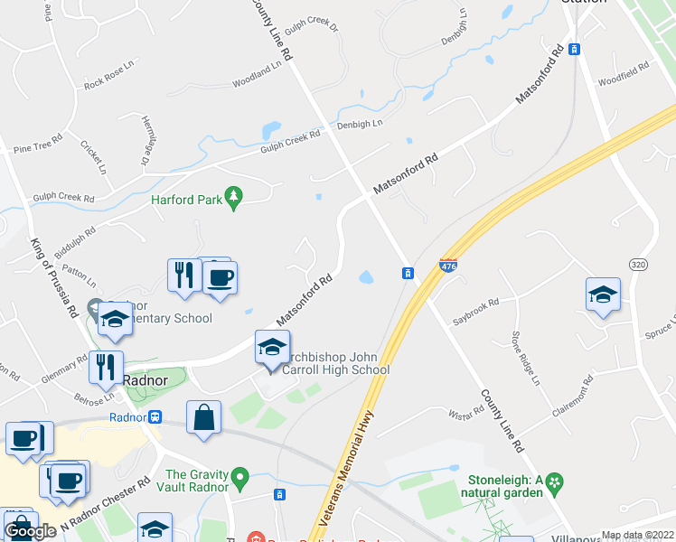 map of restaurants, bars, coffee shops, grocery stores, and more near 185 West Matsonford Road in Wayne