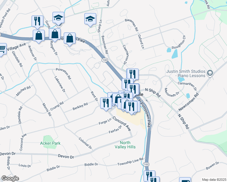 map of restaurants, bars, coffee shops, grocery stores, and more near 39 Heritage Lane in Exton
