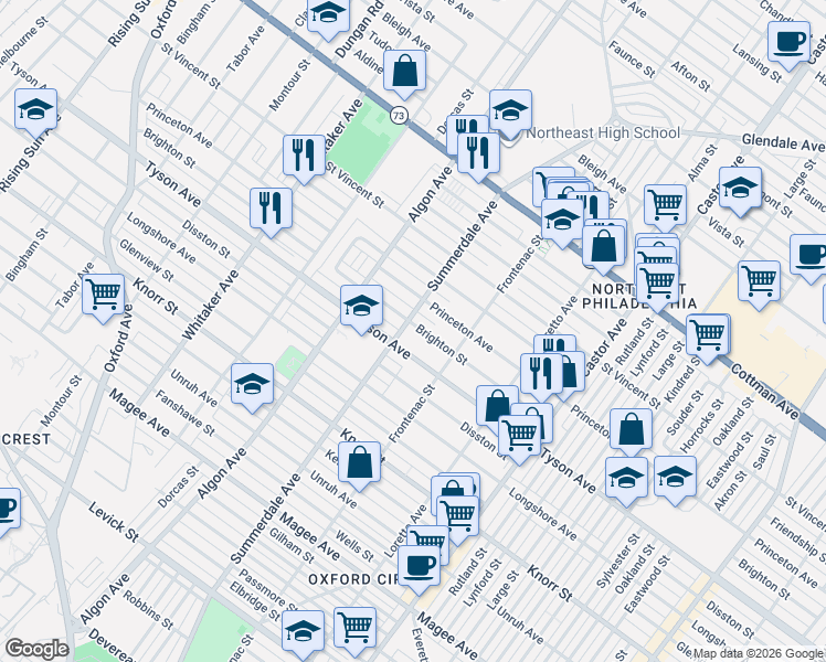 map of restaurants, bars, coffee shops, grocery stores, and more near 1203 Tyson Avenue in Philadelphia