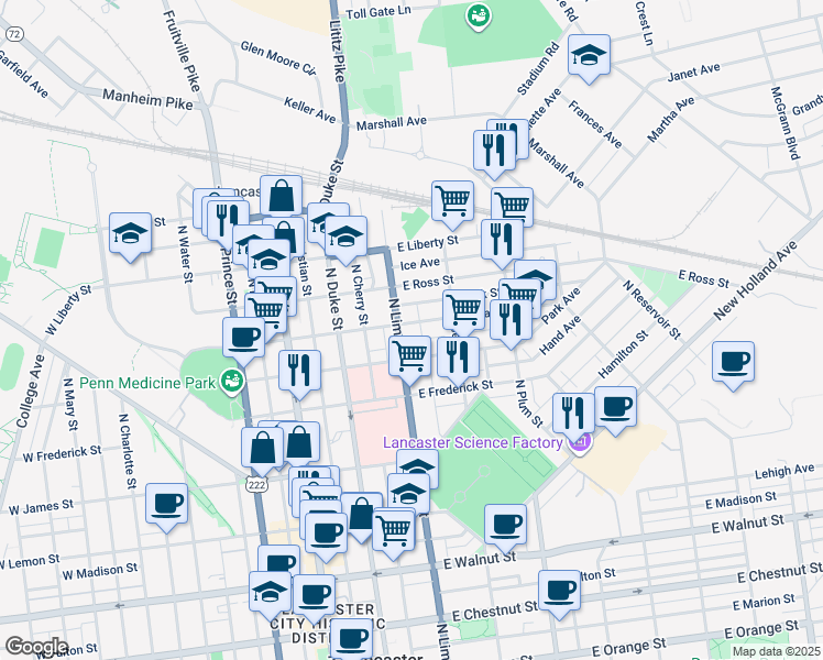 map of restaurants, bars, coffee shops, grocery stores, and more near 721 Pennsylvania 272 in Lancaster
