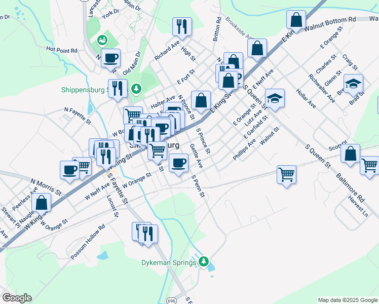 map of restaurants, bars, coffee shops, grocery stores, and more near 106 East Orange Street in Shippensburg