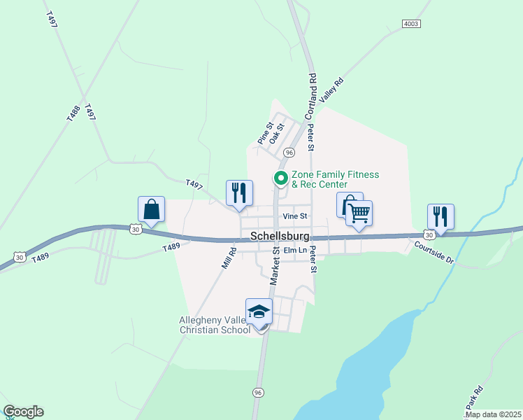 map of restaurants, bars, coffee shops, grocery stores, and more near 133 Vine Street in Schellsburg
