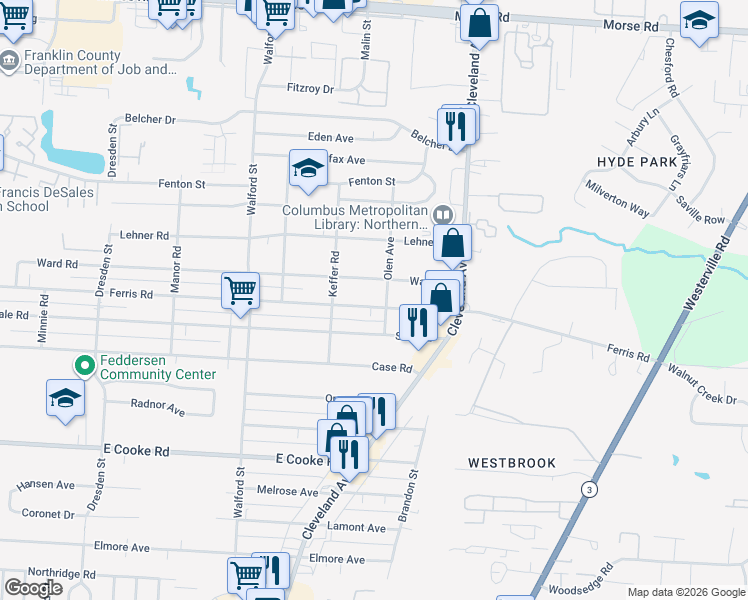 map of restaurants, bars, coffee shops, grocery stores, and more near 2202 Ferris Road in Columbus