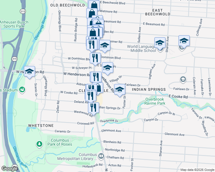 map of restaurants, bars, coffee shops, grocery stores, and more near 86 East Henderson Road in Columbus