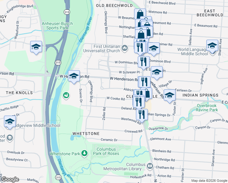 map of restaurants, bars, coffee shops, grocery stores, and more near 119 Aldrich Road in Columbus