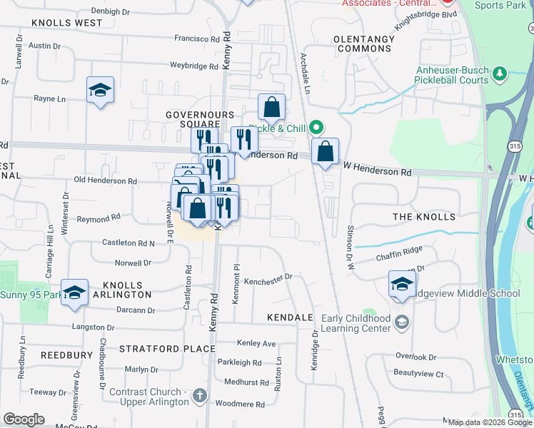 map of restaurants, bars, coffee shops, grocery stores, and more near 1040 Folkestone Road in Columbus
