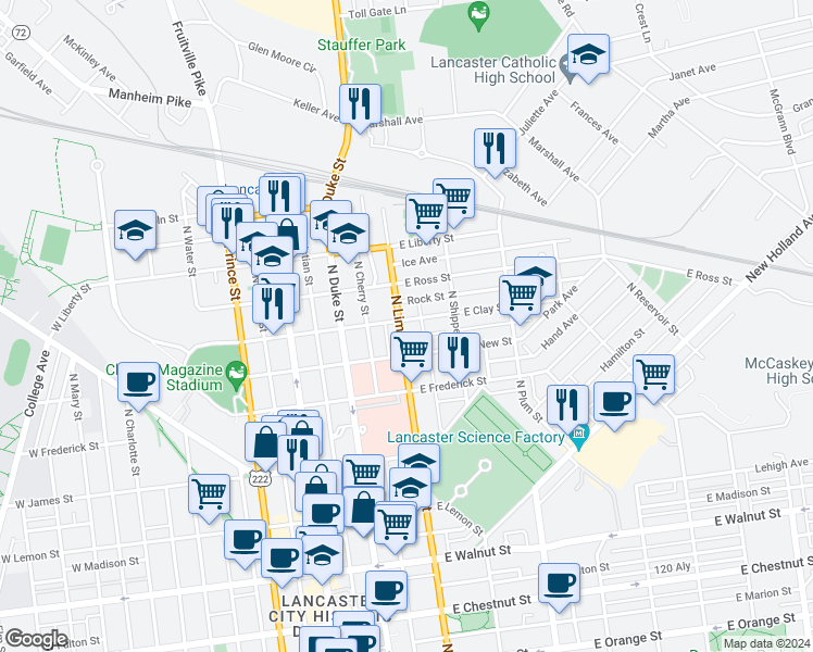 map of restaurants, bars, coffee shops, grocery stores, and more near 729 North Lime Street in Lancaster