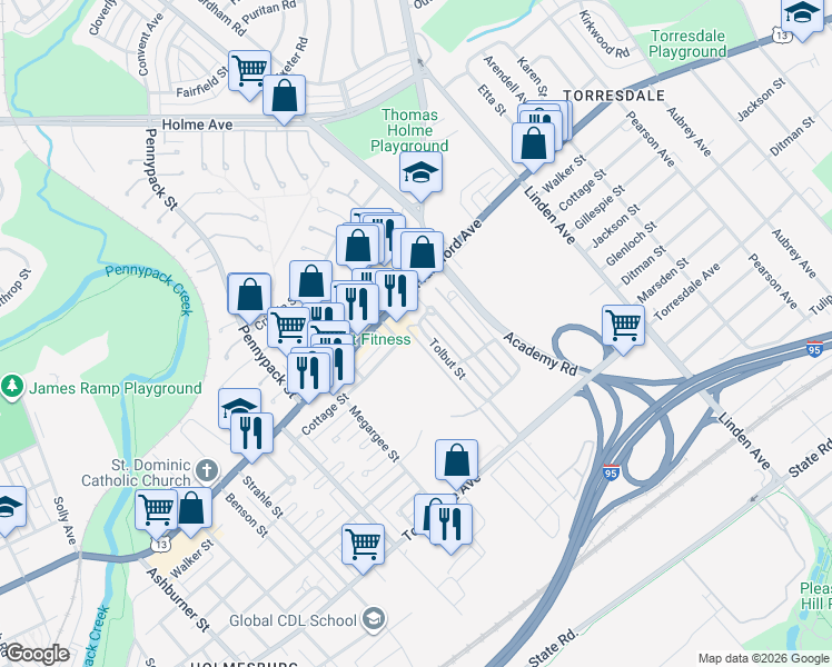 map of restaurants, bars, coffee shops, grocery stores, and more near 4426 Tolbut Street in Philadelphia
