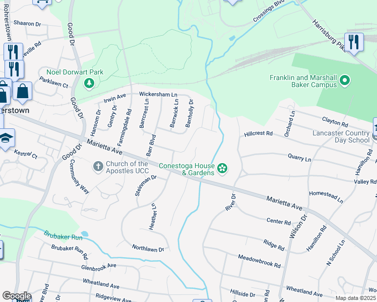 map of restaurants, bars, coffee shops, grocery stores, and more near 1721 Hidden Lane in Lancaster