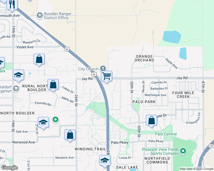 map of restaurants, bars, coffee shops, grocery stores, and more near 2818 Jay Road in Boulder