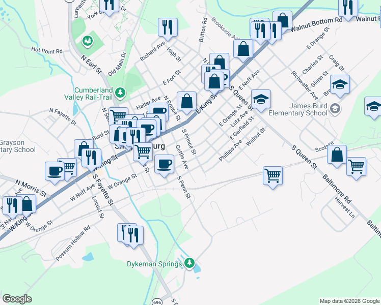 map of restaurants, bars, coffee shops, grocery stores, and more near 110 South Prince Street in Shippensburg