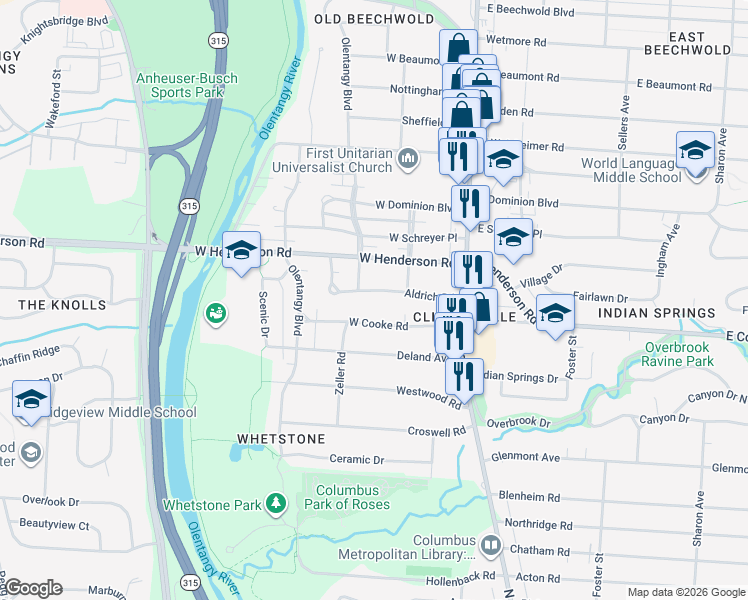 map of restaurants, bars, coffee shops, grocery stores, and more near 119 Aldrich Road in Columbus