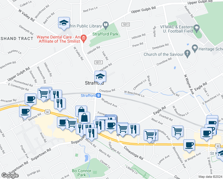 map of restaurants, bars, coffee shops, grocery stores, and more near 79 Crestline Road in Wayne