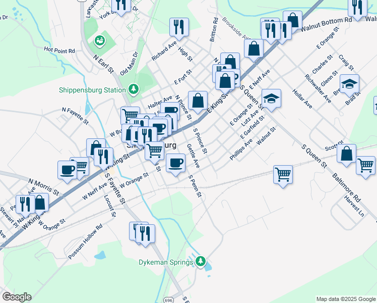 map of restaurants, bars, coffee shops, grocery stores, and more near 109 East Orange Street in Shippensburg