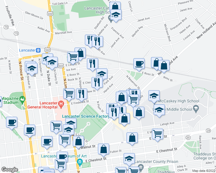 map of restaurants, bars, coffee shops, grocery stores, and more near 545 Hand Avenue in Lancaster