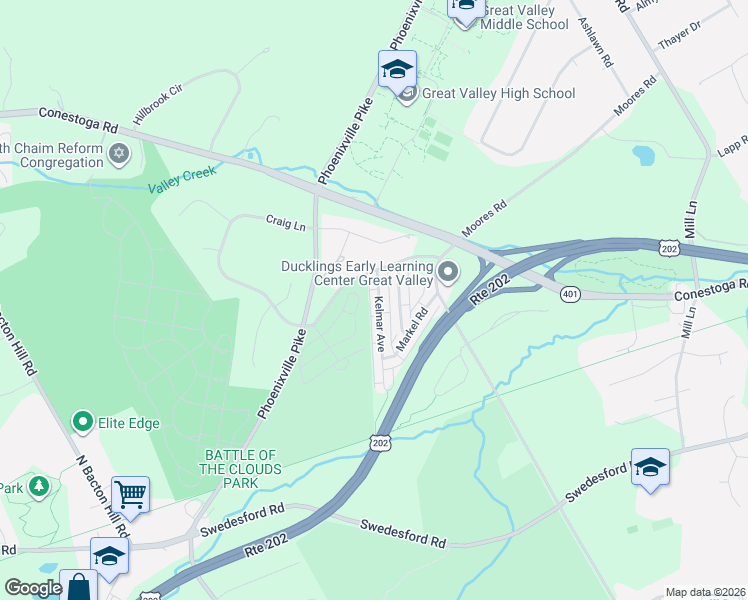 map of restaurants, bars, coffee shops, grocery stores, and more near 42 Kelmar Avenue in Malvern