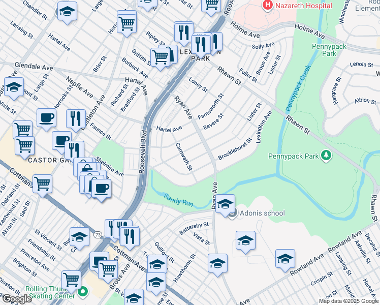 map of restaurants, bars, coffee shops, grocery stores, and more near 7705 Brous Avenue in Philadelphia