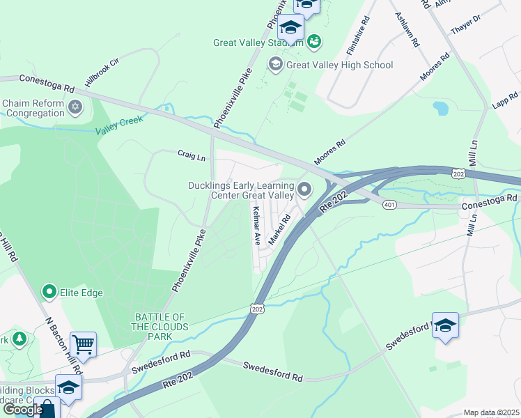 map of restaurants, bars, coffee shops, grocery stores, and more near 33 Kelmar Avenue in Malvern