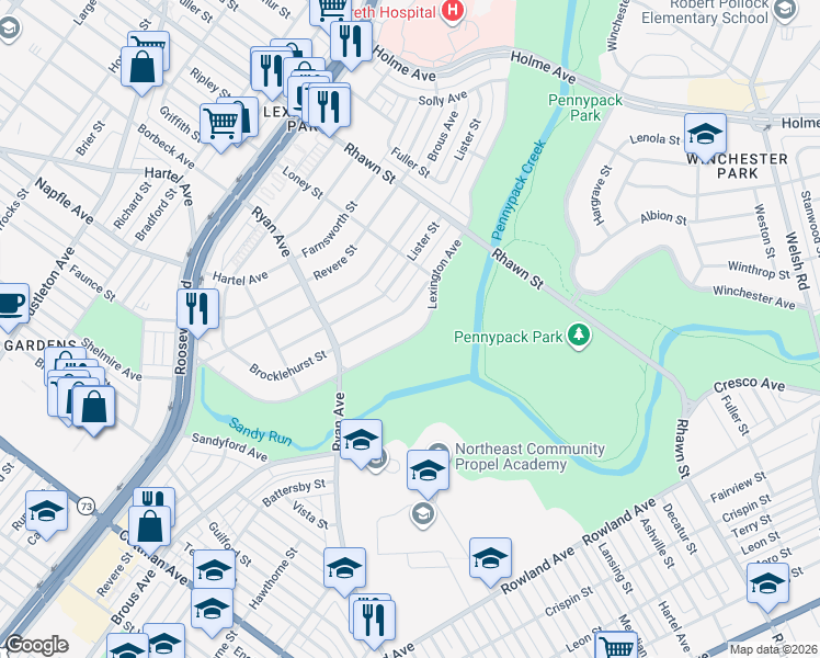 map of restaurants, bars, coffee shops, grocery stores, and more near 7826 Lexington Avenue in Philadelphia