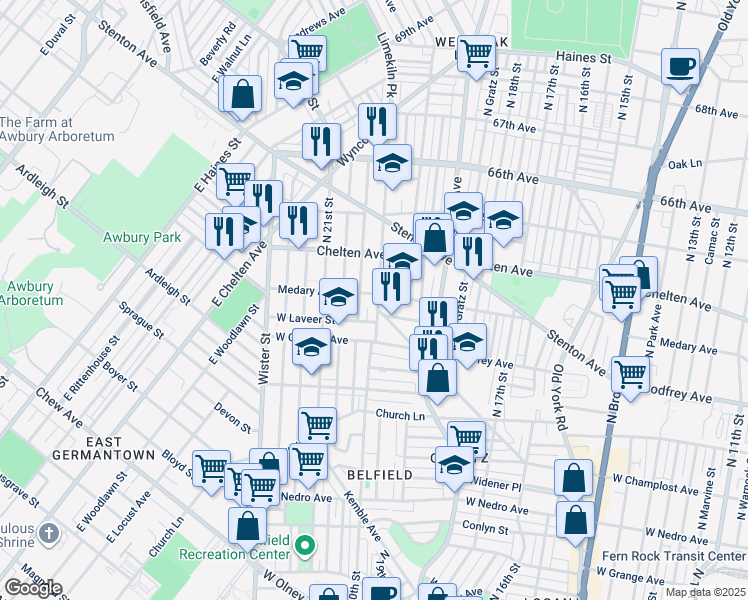 map of restaurants, bars, coffee shops, grocery stores, and more near 2002 Medary Avenue in Philadelphia