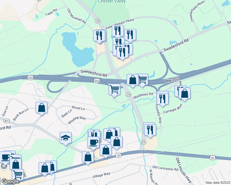 map of restaurants, bars, coffee shops, grocery stores, and more near 101 Lindenwood Drive in Malvern