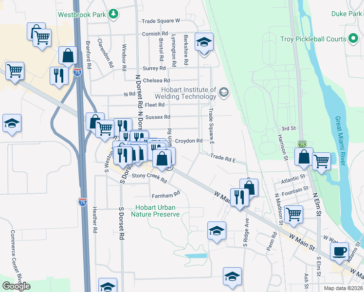 map of restaurants, bars, coffee shops, grocery stores, and more near 1359 Brookside Drive in Troy