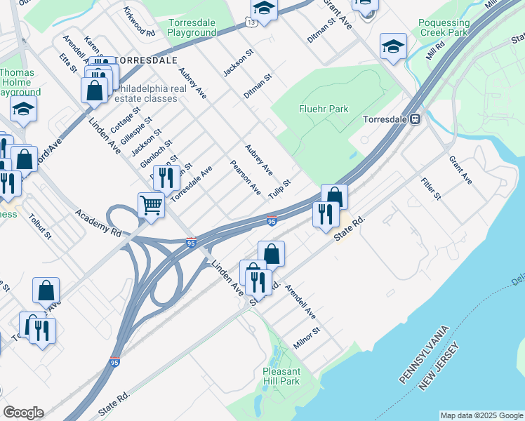 map of restaurants, bars, coffee shops, grocery stores, and more near 9347 Tulip Street in Philadelphia