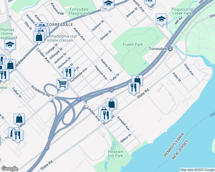 map of restaurants, bars, coffee shops, grocery stores, and more near 9345 Tulip Street in Philadelphia
