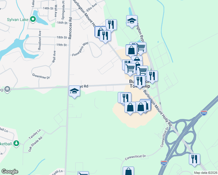 map of restaurants, bars, coffee shops, grocery stores, and more near 111 Sunset Road in Burlington